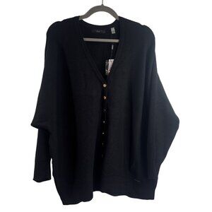 Tahari Woman V-neck Ribbed Knit Cardigan Gold Buttons Size 2X Black NWT